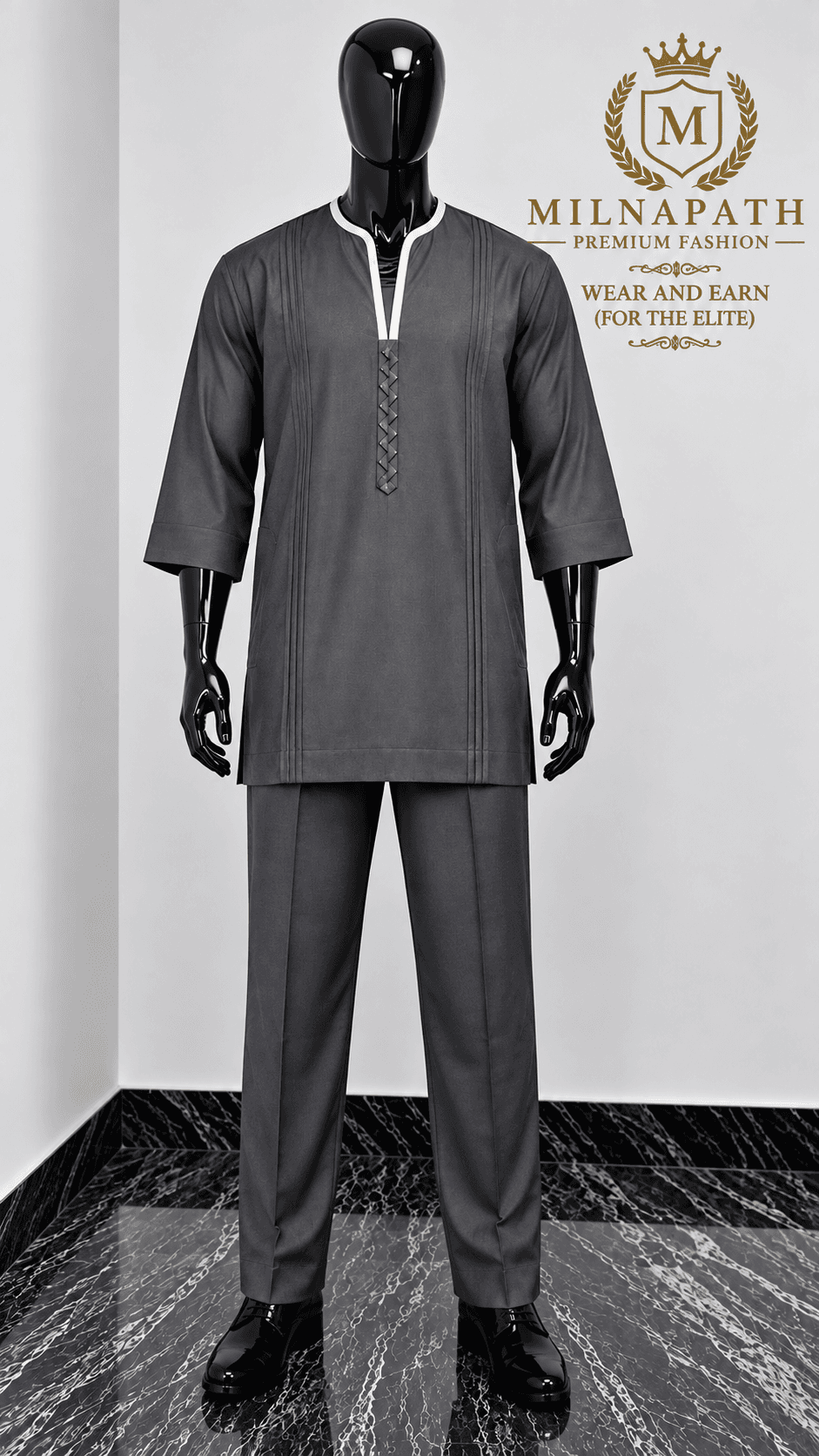 Regal Charcoal Pleated Kaftan
